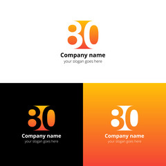 80 logo icon flat and vector design template. Monogram years numbers eight and zero. Logotype eighty with orange gradient color. Creative vision concept logo, elements, sign, symbol.