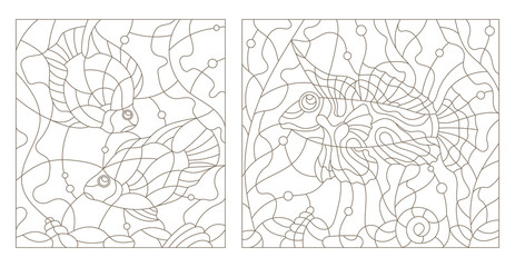 Set contour illustrations of stained glass with aquarium fish