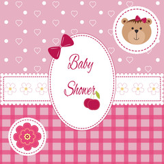 Baby girl arrival, shower, Greeting, announcement card with teddy bear and hearts. Vector postcard