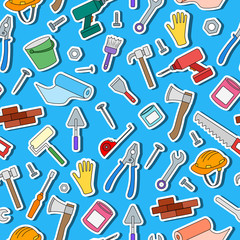 Seamless background on the topic of construction and repair , simple colored icons in the form of stickers on a blue background