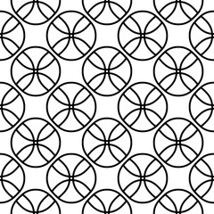 Vector seamless pattern, simple monochrome black & white geometric texture, illustration on balls, fans. Endless repeat abstract background. Design element for prints, textile, digital, decor, package