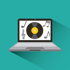laptop computer with vinyl icon on screen. music and technology concept. colorful design. vector illustration