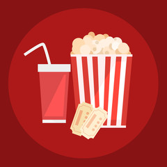 Popcorn for movie theater and online cinema reel on blue background. Eps10 vector illustration. Paper package full of jumping popcorns and film tape for cinematography.