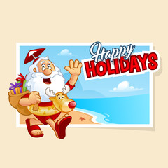 Sympathetic Santa Claus walking on a beach