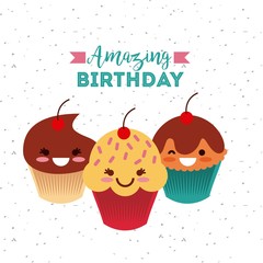 happy birthday card with cartoon cupcake icon with happy faces. colorful design. vector illustration
