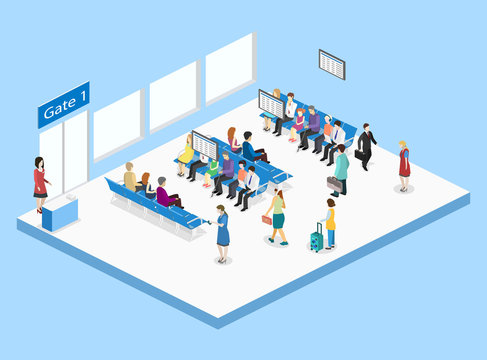 Isometric flat 3D concept vector interior of waiting room in airport .