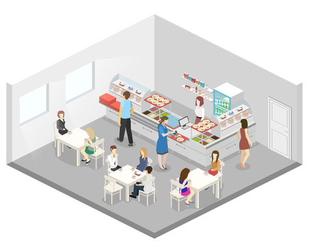 Isometric flat 3D vector interior of a coffee shop or canteen. People sit at the table and eating.