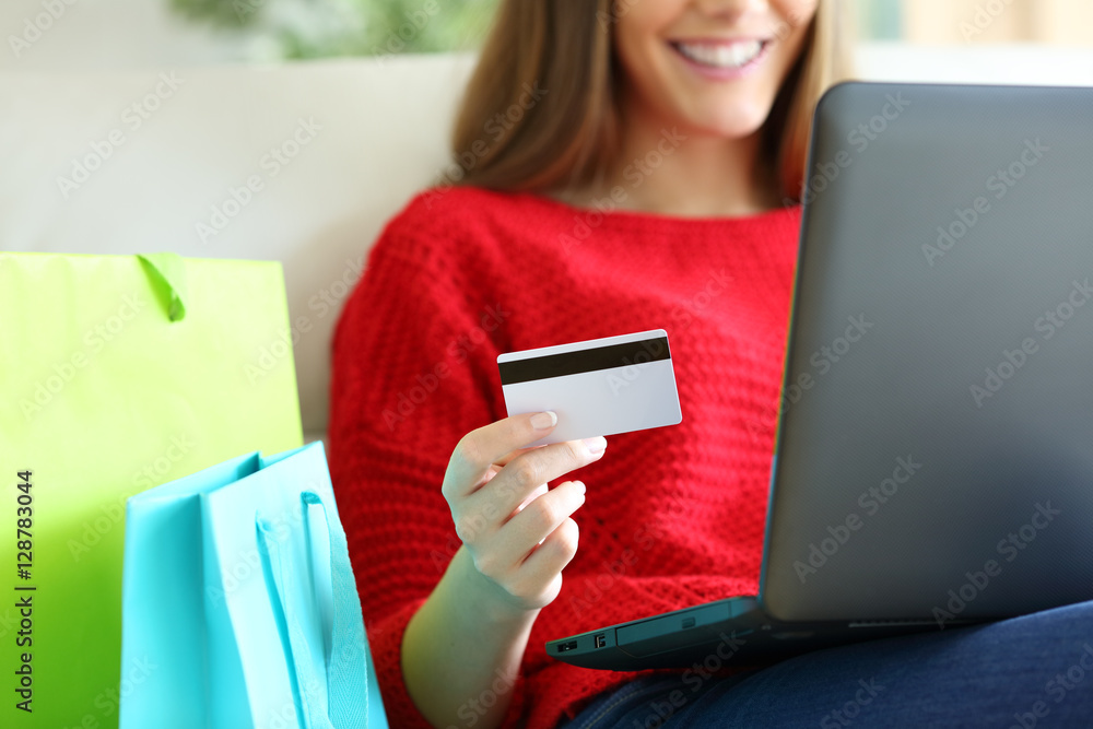 Sticker girl buying on line with credit card