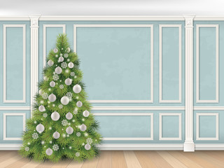 Christmas tree on blue wall with pilasters and moulding panels. Vector realistic illustration. Luxury interior. Indoor background.