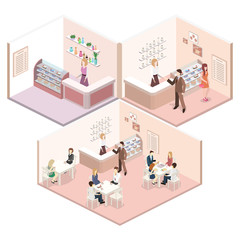 Isometric interior of sweet-shop. People sit at the table and eating.