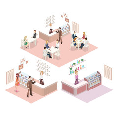 Isometric interior of sweet-shop. People sit at the table and eating.