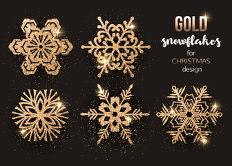 Set of gold Christmas snowflakes vector illustration