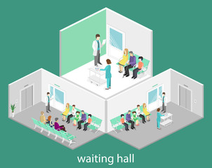 waiting room in hospital. Visitors sit on the chairs in the corridor. patient waits to receive a doctor.