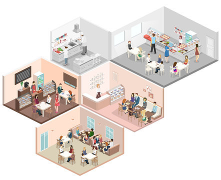 Isometric flat 3D concept vector interior cafe, canteen, restaurant kitchen.