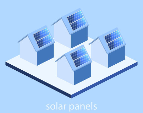 Isometric flat 3D vector outside solar panels on house