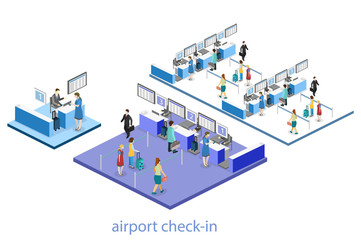 Isometric flat 3D vector interior of airport check-in.
