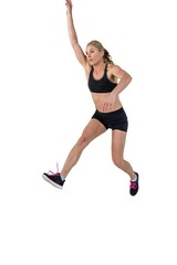 Athletic woman exercising on white background