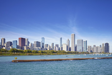 Fototapeta premium Chicago waterfront and city skyline on a sunny day, USA
