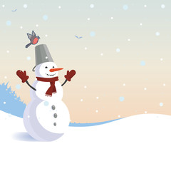 Card with funny snowman and snowfall. Vector illustration for your christmass design.
