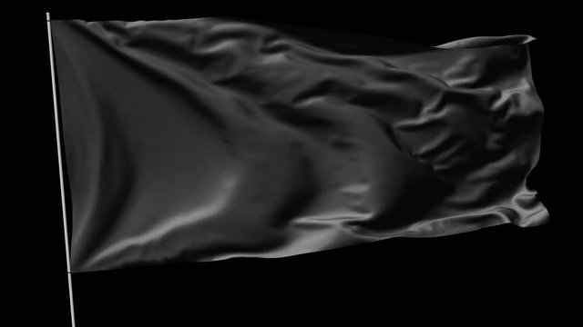 Blank plain black flag with flagpole waving in the wind, 3D animation with transparency alpha channel included, codec PNG + Alpha
