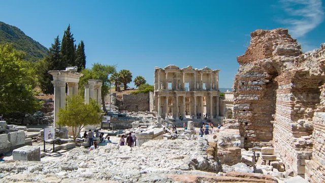 Selcuk Turkey Ancient Ruins of Ephesus with Marble and Stone Archeological Sites and the Celsus Library in the Background