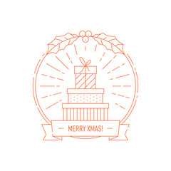 Merry Christmas and Happy New Year creative badge or labels with gift boxes for greetings cards, gift tags, Christmas sale or web design. Thin lines,. Vector.