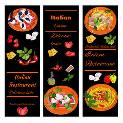 Obraz na płótnie Canvas Italian food vintage design template. Vertical vector banners set. Italian Cuisine restaurant menu.