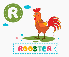 Hand drawn letter R and funny cute rooster
