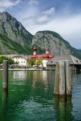  St. Bartholomae church at mountain lake Koenigssee, Bavaria, Germany
