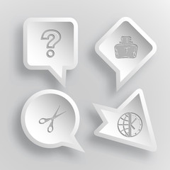 4 images: query sign, inkstand, scissors, globe and clock. Educa