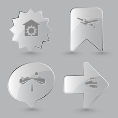 4 images: repair shop, airliner, road, train. Transport set. Gla