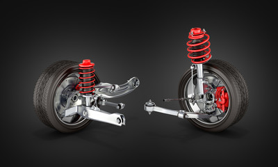 suspension of the car with wheel on black gradient background 3d
