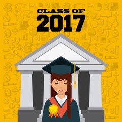 cartoon graduate woman with gown and hat  over yellow background. colorful design. class of 2017 concept. vector illustration