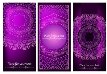 Set of Card or invitation with purple oriental pattern in Indian, Arabic, Islamic, Turkish style, with a circular floral ornament.