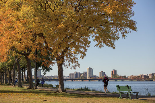 Jogging along the Boston Charles river in autumn, Boston, New England 