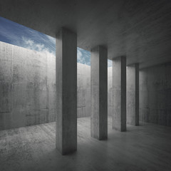 Abstract architecture background, empty concrete room interior with columns and cloudy sky outside, 3d illustration