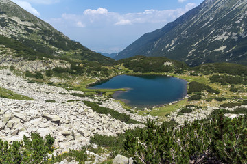Fototapeta na wymiar Rocky peaks and Upper Muratovo lake, Pirin Mountain, Bulgaria