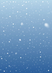 Falling snow on blue background. Vector image. Abstract snowflake background. Winter composition with glowing elements. Snowfall in motion. Template in seasonal style for your design. Snowy vertical.
