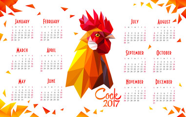 Calendar 2017 on white background with a rooster. Red fiery cock symbol of New Year 2017. Polygonal Geometric Triangle style. Vector illustration - 128791425