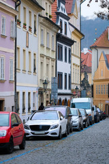 Prague, Czechia - November, 23, 2016: cars parking on a street in an Old Town of Prague, Czechia