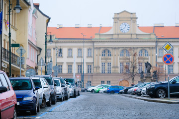 Prague, Czechia - November, 23, 2016: cars parking on a street in an Old Town of Prague, Czechia