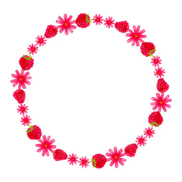 Round bright watercolor hand drawn wreath with flowers and strawberries