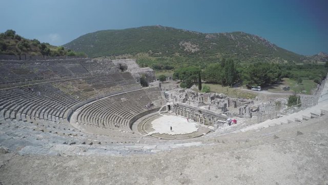Ephesus Stadium Wide Landscape Establishing Shot of the Ancient Roman City Marble Theater in the Hills near Selcuk Turkey