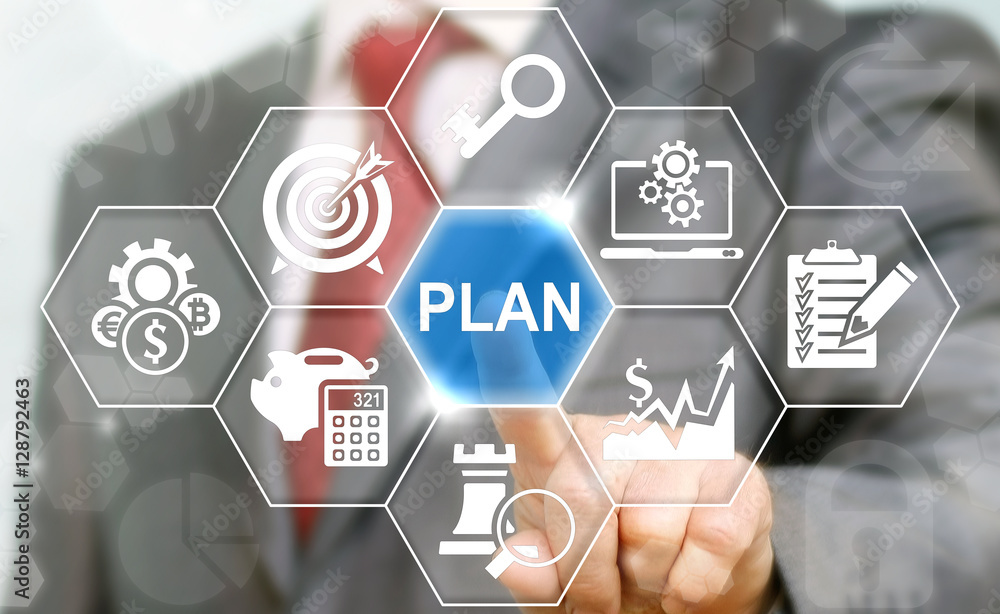 Poster businessman presses plan icon business concept. plan develop integrate deploy implement evaluate str