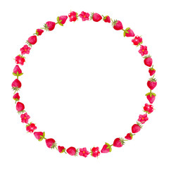 Round bright watercolor hand drawn wreath with leaves and strawberries