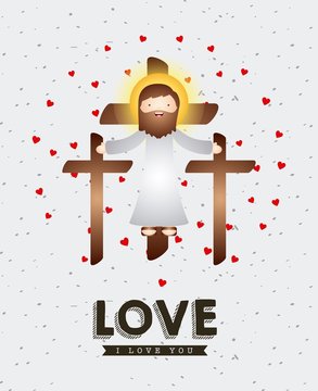 cartoon jesus man with wooden three crosses over white background. catholic love design. vector illustration