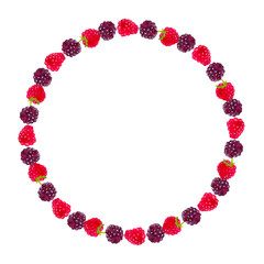 Round bright watercolor hand drawn wreath with raspberries and blackberries