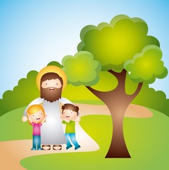 Obraz na płótnie Canvas cartoon jesus man with kids in the park. colorful design. vector illustration