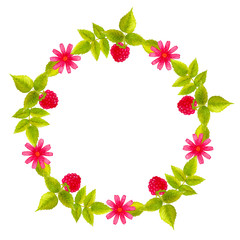 Round bright watercolor hand drawn wreath with leaves, flowers, raspberries and stone bramble