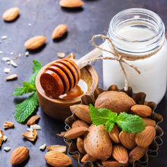 Almond milk with ingredients for healthy breakfast